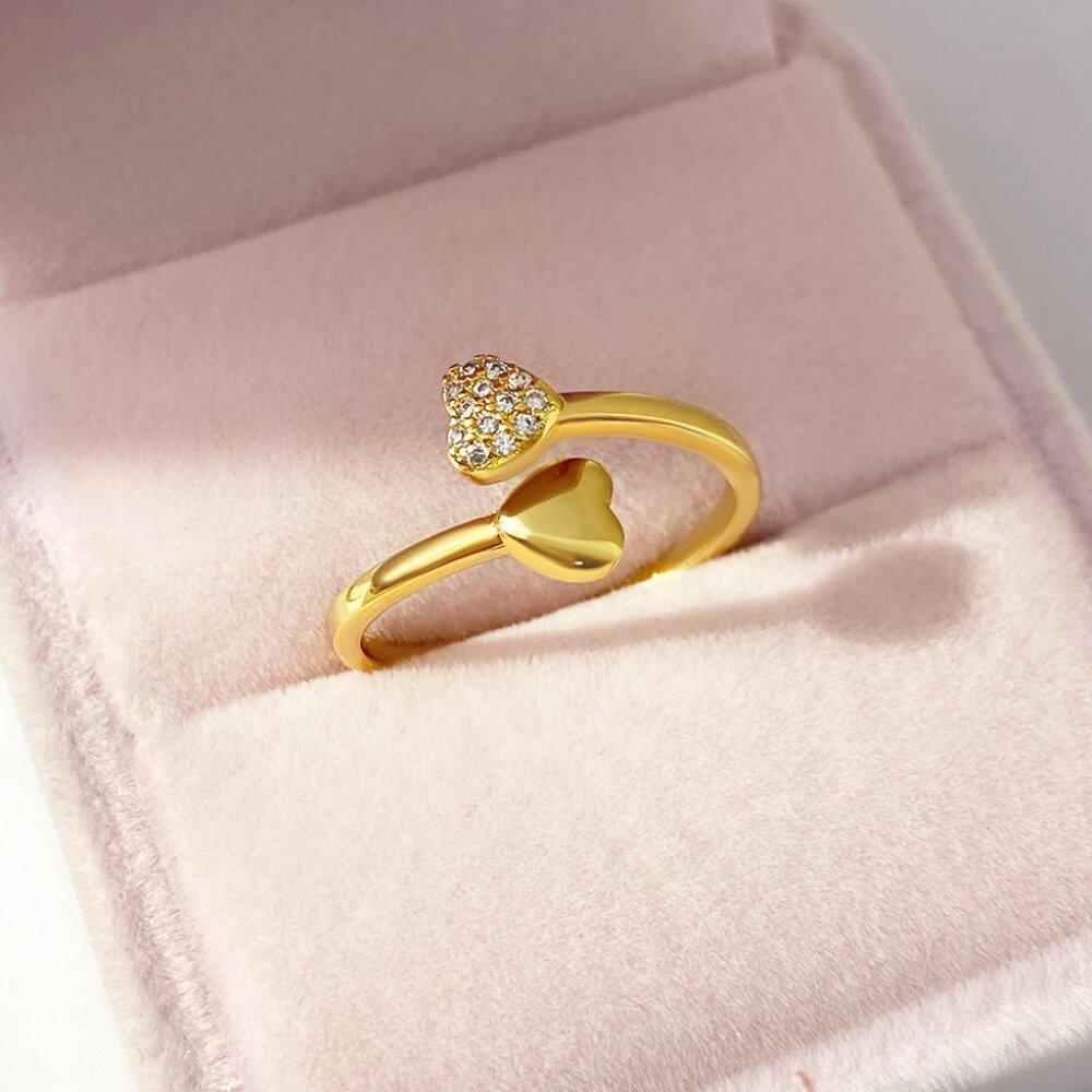 3/$35 Gold Plated Double Heart Bypass Copper Ring Sparkly CZ Adjustable Jewelry